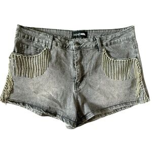 Fashion Nova Gray Jean Shorts with Beaded Fringe